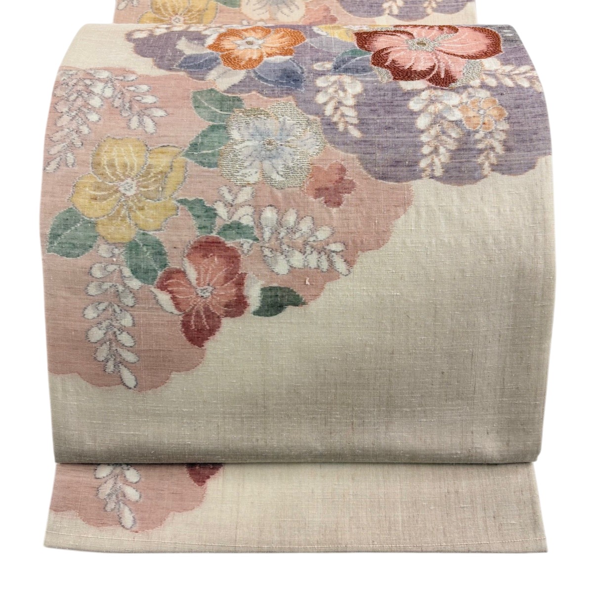 【美品】 袋帯 秀品 紬地 関西仕立て 草花 雲文 刺繍 金糸 薄茶色 お太鼓柄 正絹 【中古】