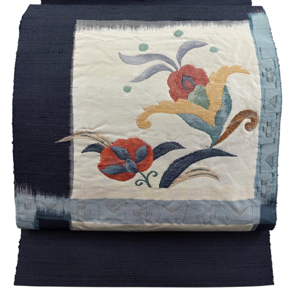 名古屋帯 秀品 八寸名古屋帯 松葉仕立て 草花 幾何学模様 紺色 正絹 【中古】 7,040円