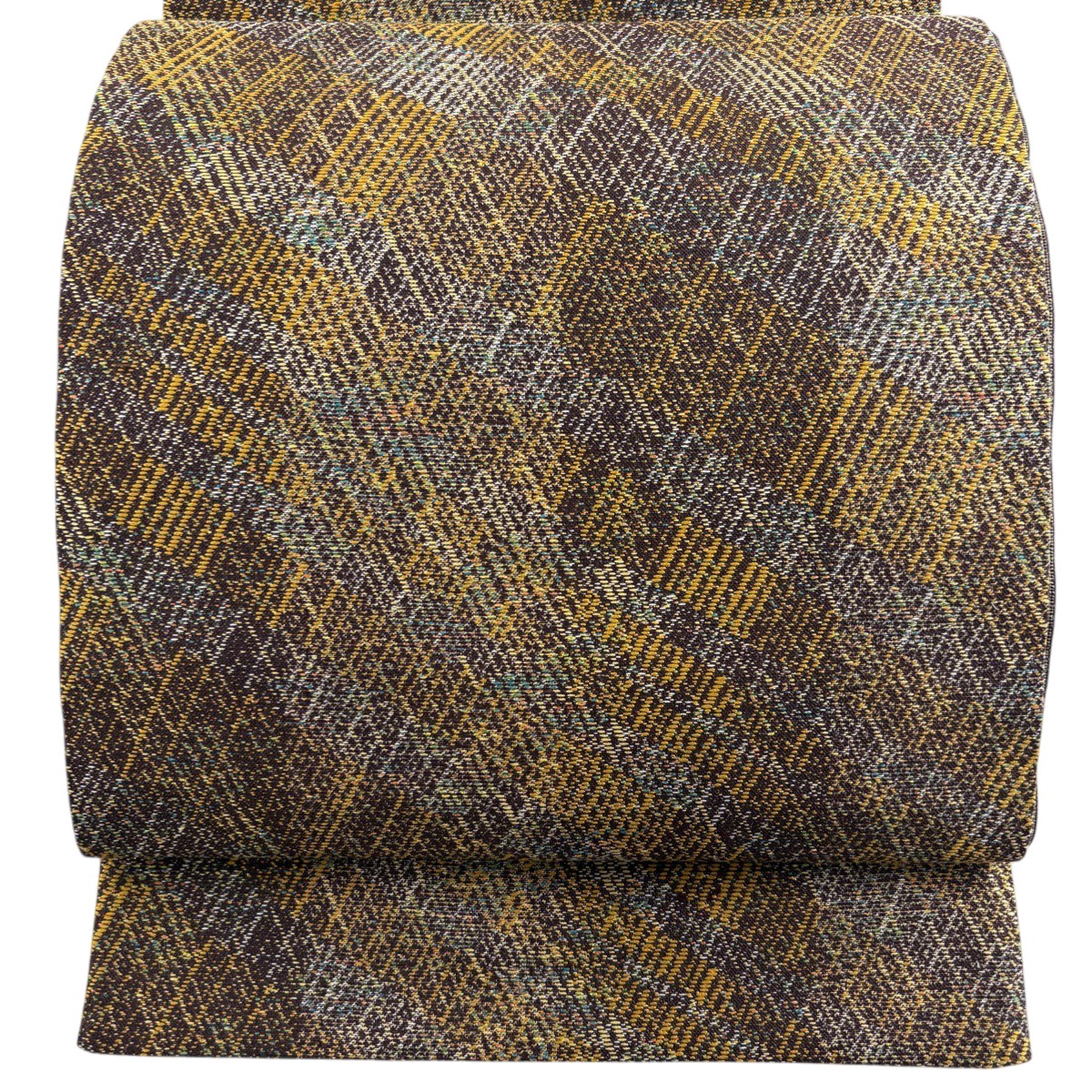 【美品】 袋帯 秀品 斜縞 箔 焦茶色 六通 正絹 【中古】