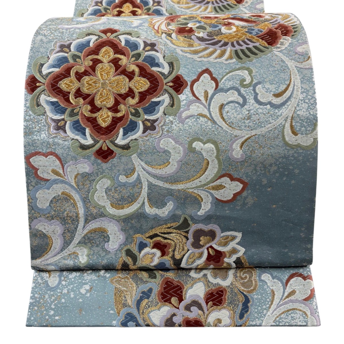 【美品】 袋帯 秀品 華文 花鳥 唐織 箔 青灰色 六通 正絹 【中古】