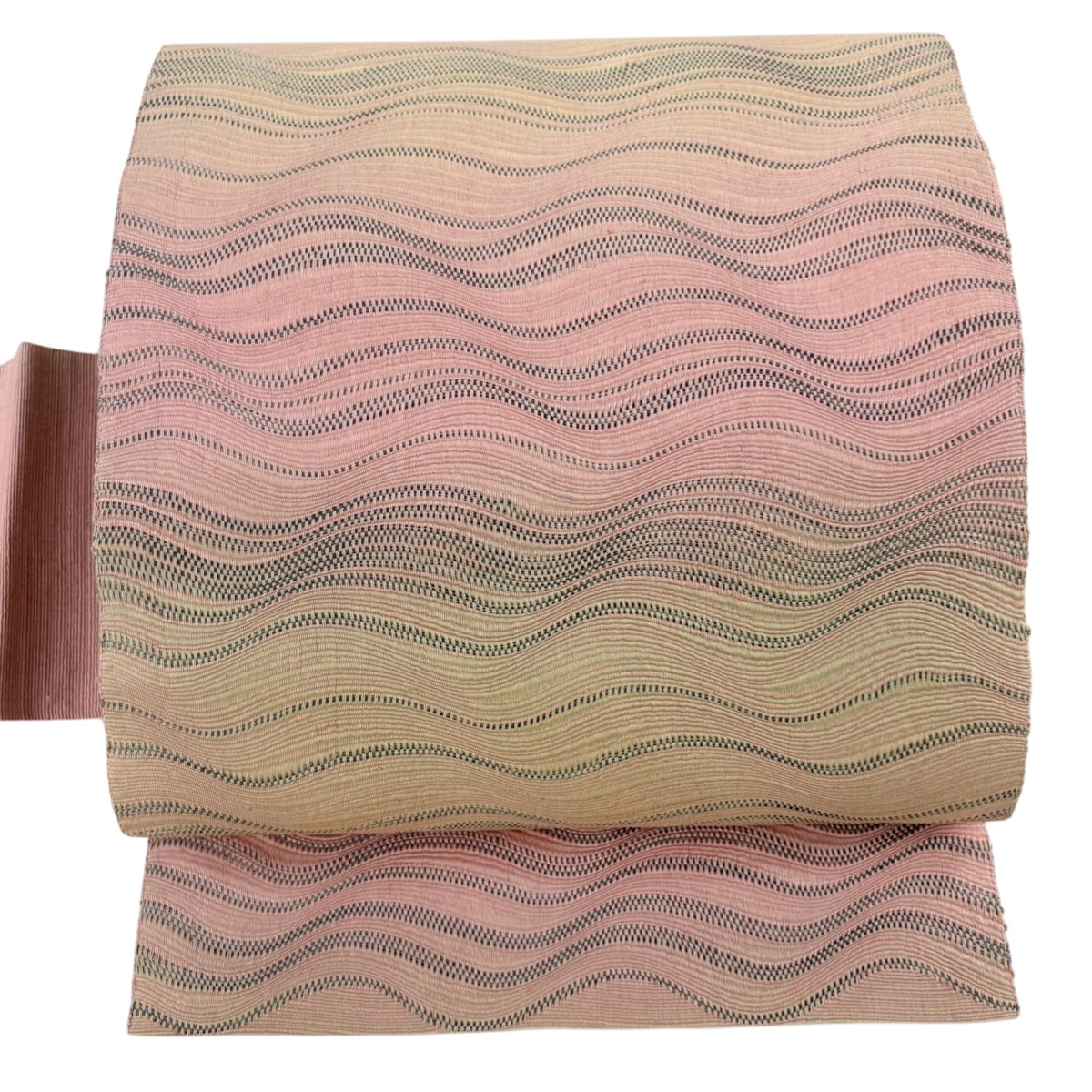 【美品】 名古屋帯 秀品 八寸名古屋帯 よろけ縞 ピンクベージュ 正絹 【中古】