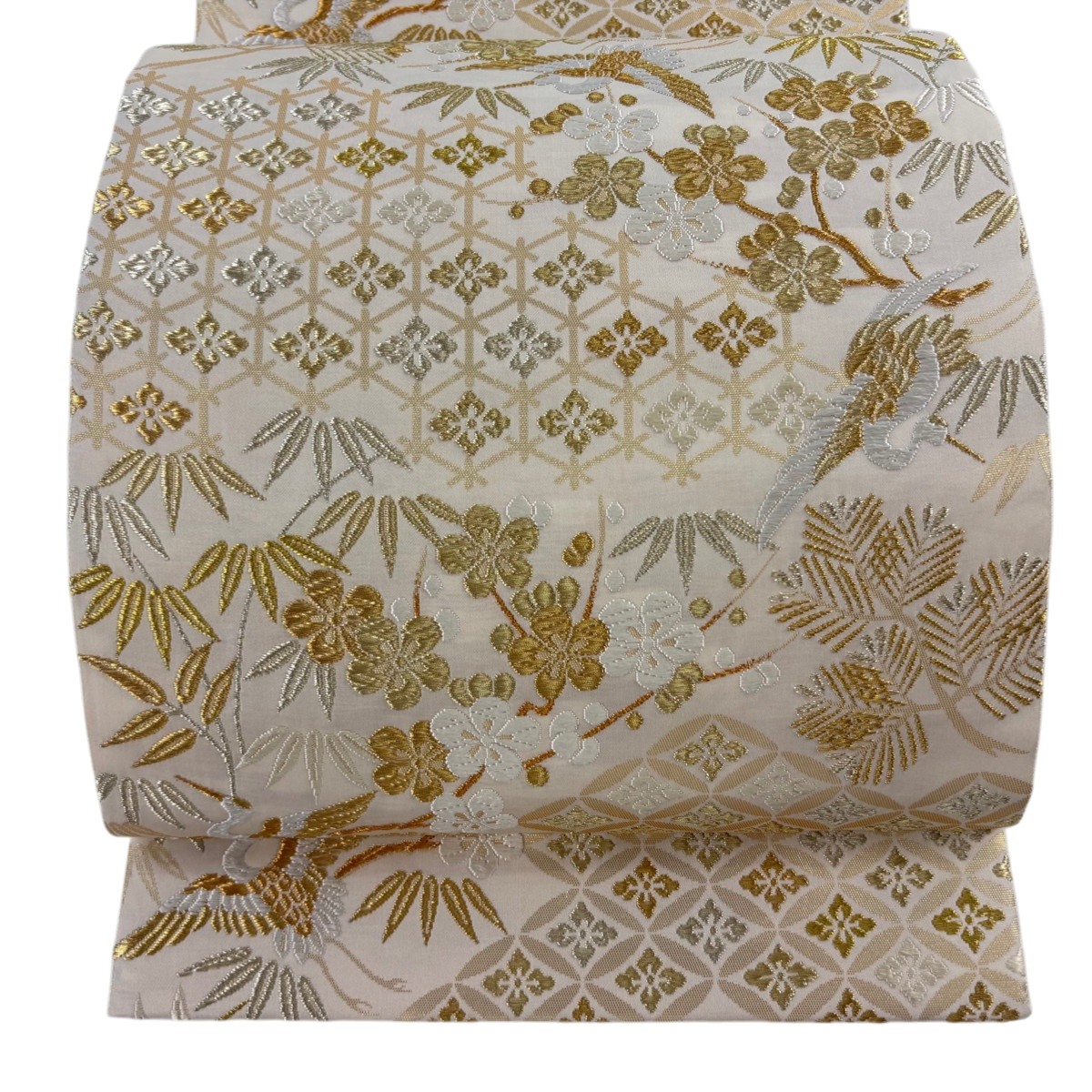 【美品】 袋帯 逸品 山口美術織物 落款あり 千寿吉祥文 松竹梅 鶴 唐織 金糸 クリーム 六通 正絹 【中古】