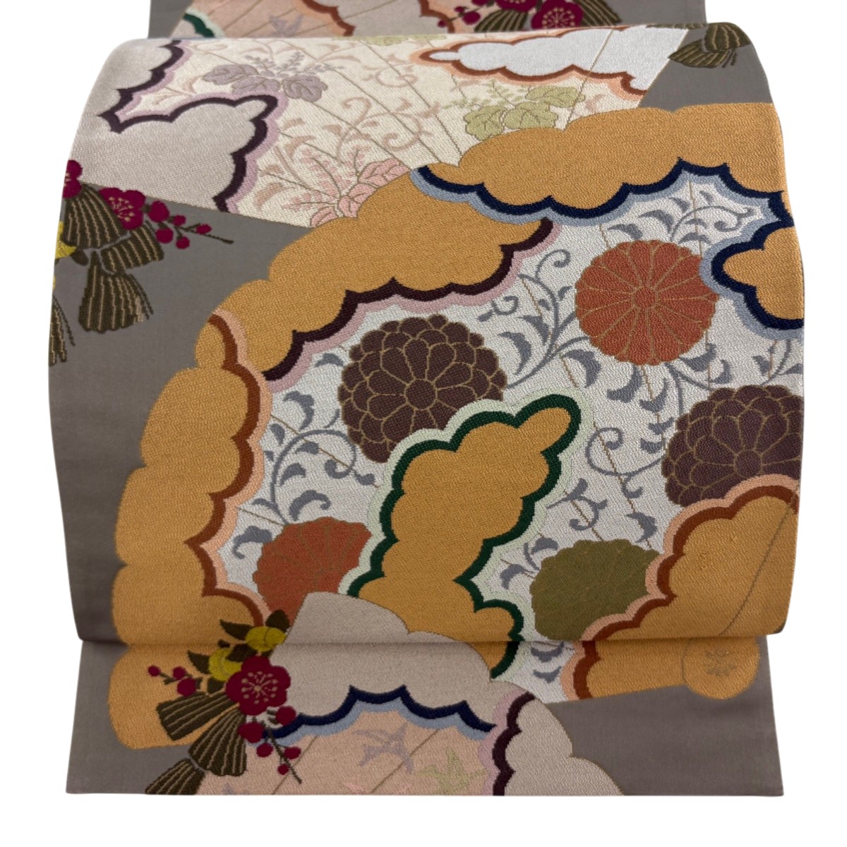 袋帯 逸品 白綾苑大庭 落款あり 雲文 花鳥 金糸 灰茶 六通 正絹 【中古】 28,258円
