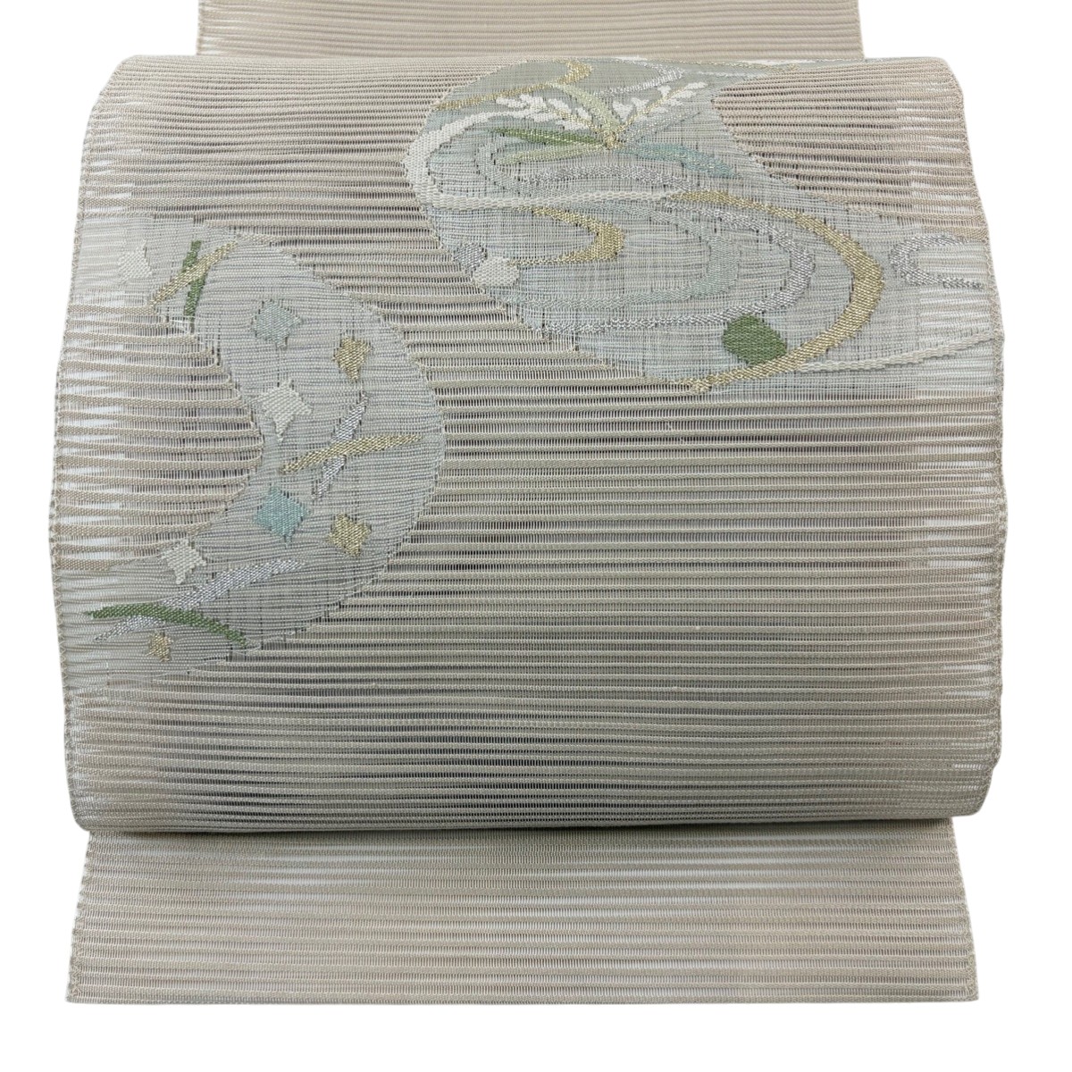 名古屋帯 秀品 夏帯 絽 八寸名古屋帯 流水 草花 金銀糸 ベージュ 正絹 【中古】