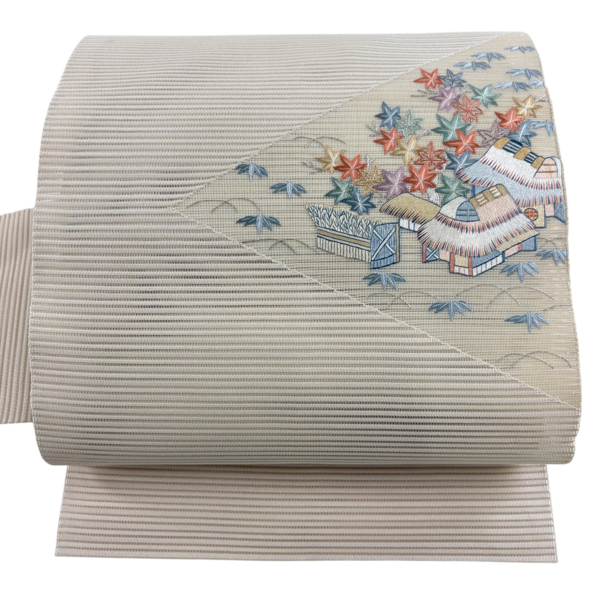 【美品】 名古屋帯 秀品 夏帯 絽 八寸名古屋帯 家屋 楓 蘇州刺繍 銀糸 クリーム 正絹 【中古】