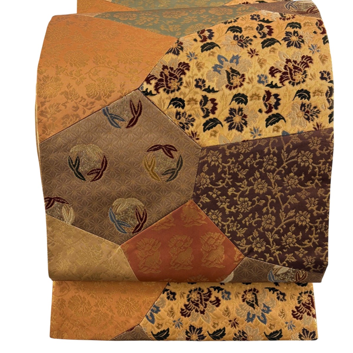 【美品】 袋帯 秀品 寄せ柄 花兎 箔 唐織 茶色 六通 正絹 【中古】