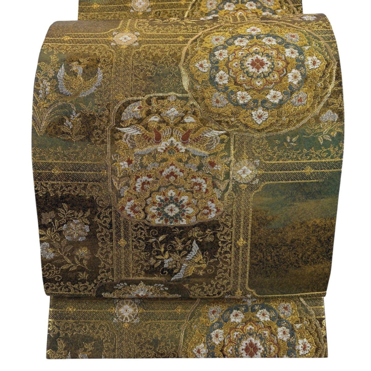 【美品】 袋帯 秀品 正倉院蒔絵 華文 箔 唐織 金色 六通 正絹 【中古】
