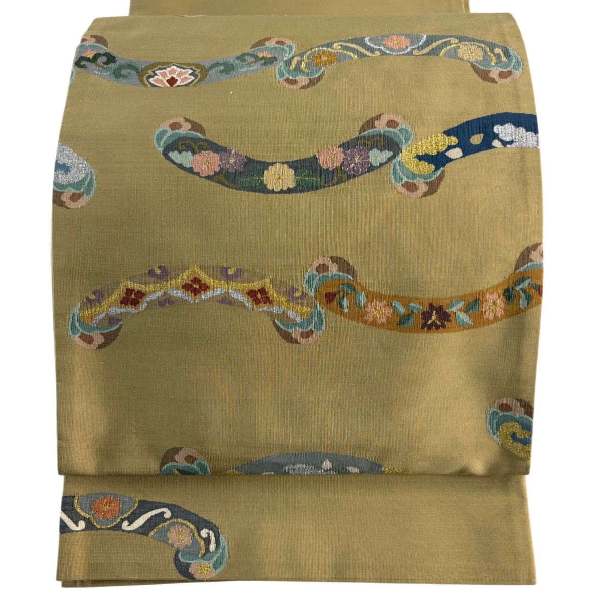 【美品】 袋帯 名品 草花 器物文 金銀糸 黄土色 お太鼓柄 正絹 【中古】