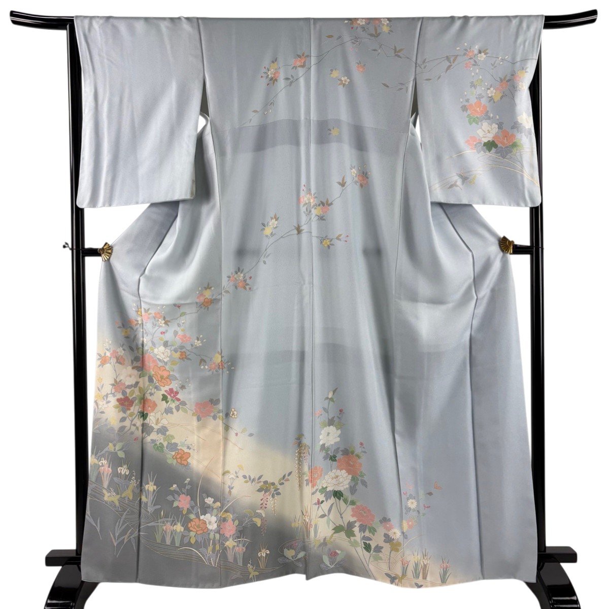 訪問着 身丈165cm 裄丈67cm M 袷 枝花 流水 金彩 ぼかし 水色 正絹 名品 【中古】