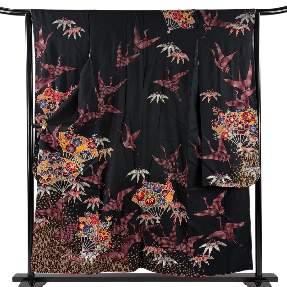 振袖 身丈156.5cm 裄丈64cm M 袷 扇 笹 黒 正絹 名品 【中古】