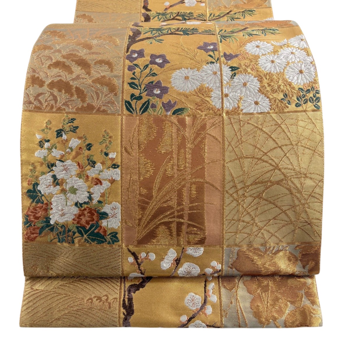 【美品】 袋帯 秀品 格子 草花 金糸 箔 金色 六通 正絹 【中古】