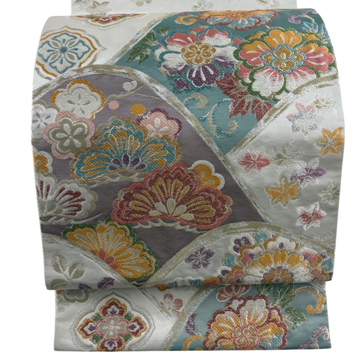 袋帯 秀品 笠松 花唐草 箔 唐織 クリーム 六通 正絹 【中古】