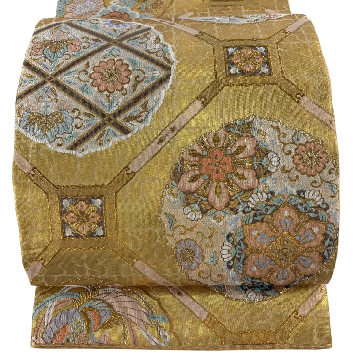 【美品】 袋帯 秀品 蜀江文 花鳥 金糸 箔 金色 六通 正絹 【中古】