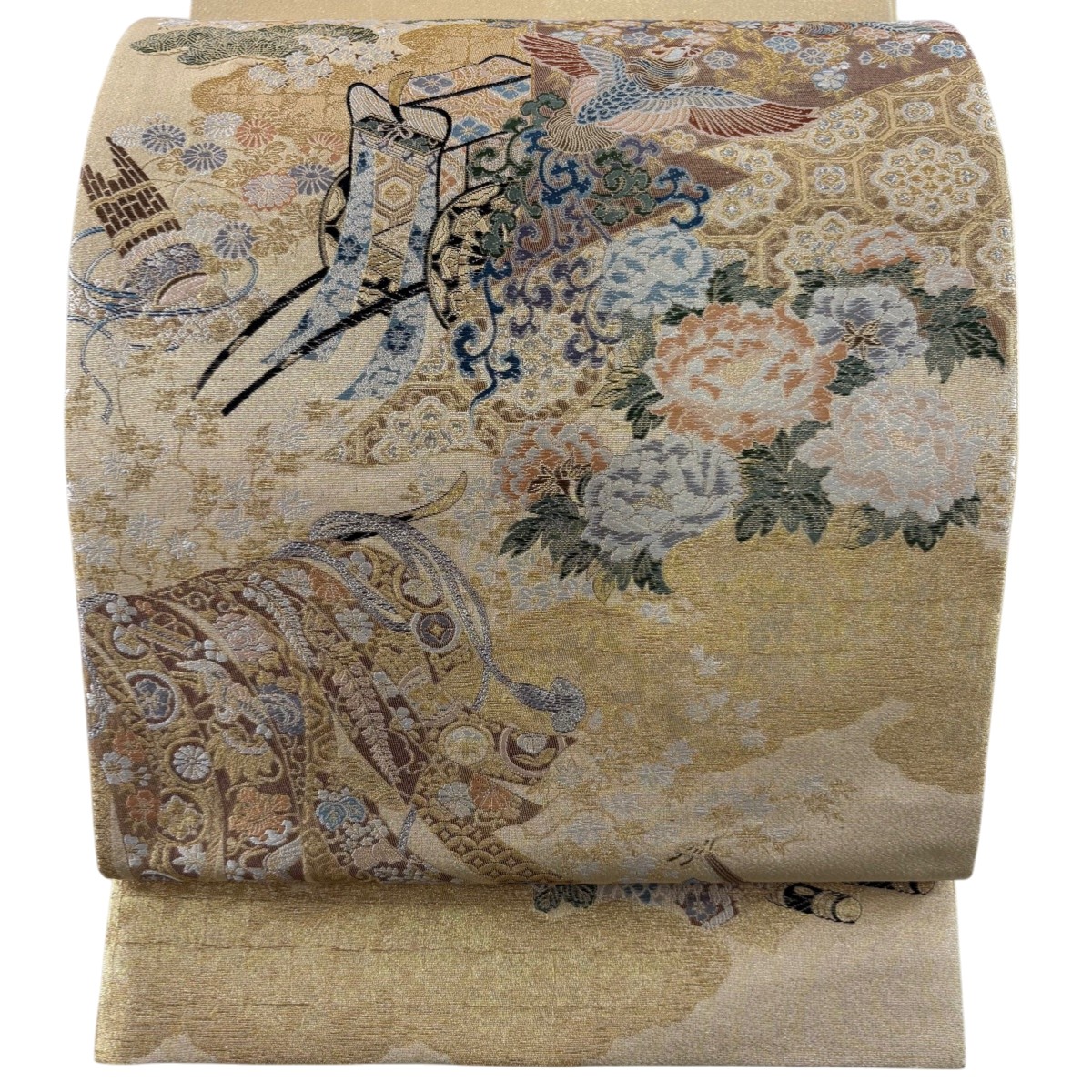【美品】 袋帯 秀品 御所車 花鳥 箔 金銀糸 薄黄 六通 正絹 【中古】
