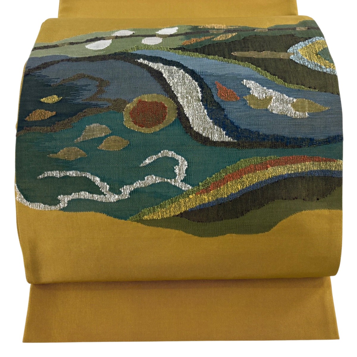 【美品】 袋帯 秀品 紬地 幾何学 緑 お太鼓柄 正絹 【中古】