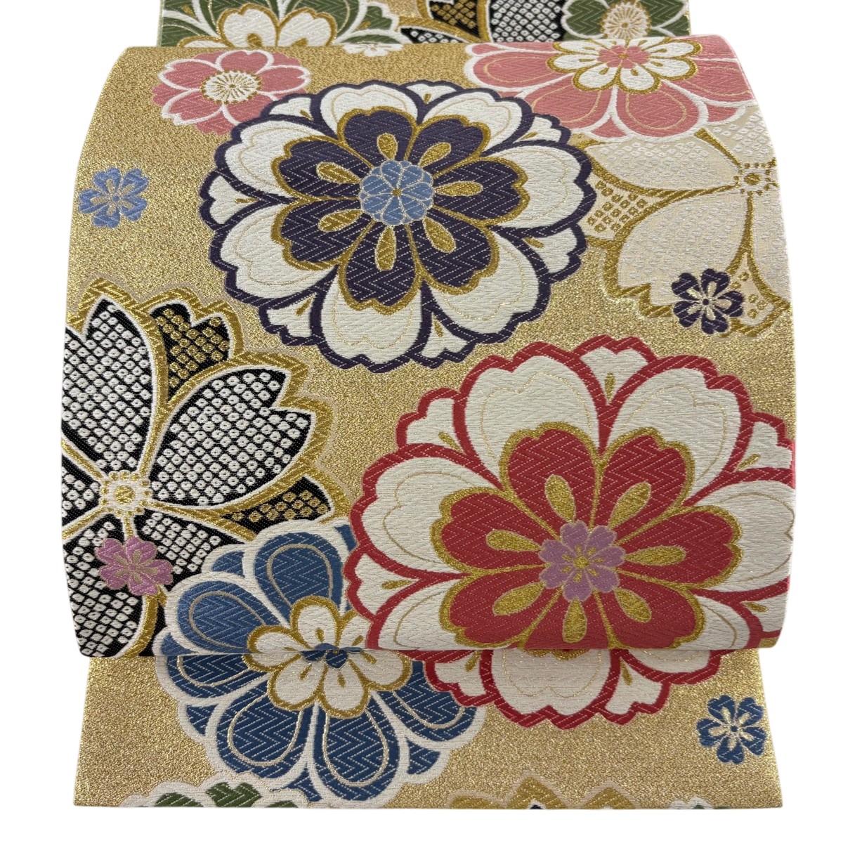 【美品】 袋帯 秀品 振袖向き 鈴乃屋 桜 菊 唐織 箔 金色 六通 正絹 【中古】