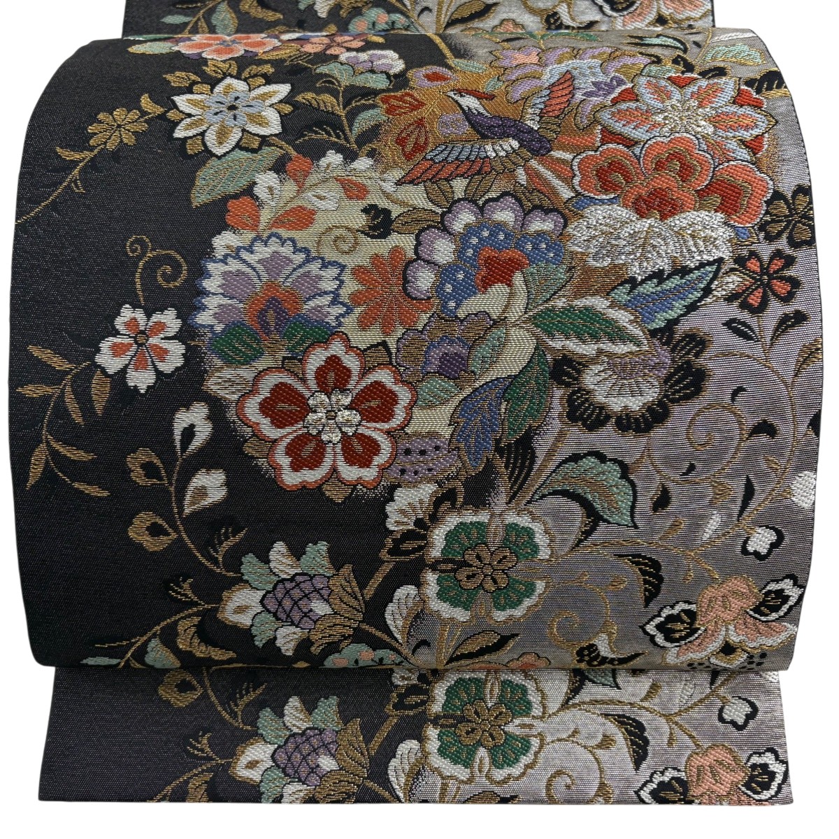 【美品】 袋帯 秀品 唐華花鳥文 蝶 金糸 箔 黒灰 六通 正絹 【中古】