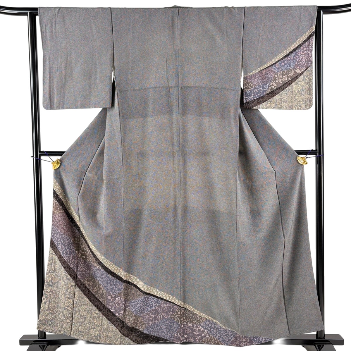 【美品】 付下げ 身丈157.5cm 裄丈63cm S 袷 花唐草 鳥 金彩 黒灰 正絹 秀品 【中古】