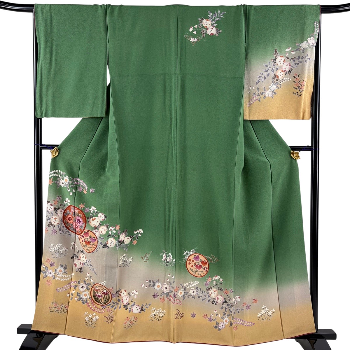 訪問着 身丈160cm 裄丈67cm M 袷 鎌倉文 草花 染め分け ぼかし 緑 正絹 秀品 【中古】