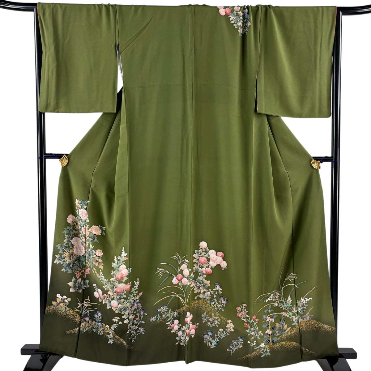 訪問着 身丈162cm 裄丈70cm L 袷 鈴乃屋 草花 金糸 金彩 鶯色 正絹 秀品 【中古】