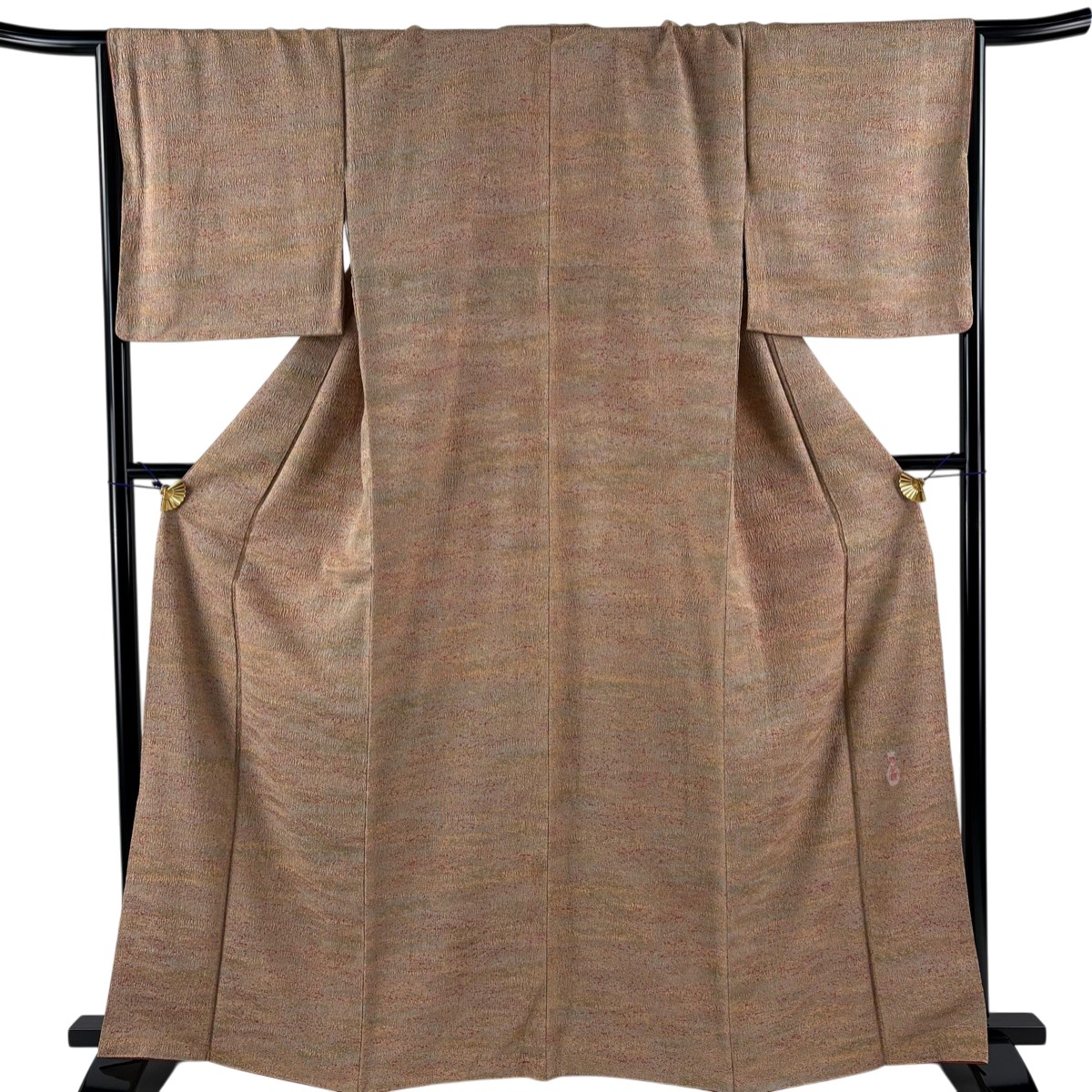 【美品】 小紋 身丈165.5cm 裄丈68.5cm L 袷 陶彩染 落款あり 証紙あり 幾何学模様 薄茶色 正絹 秀品 【中古】
