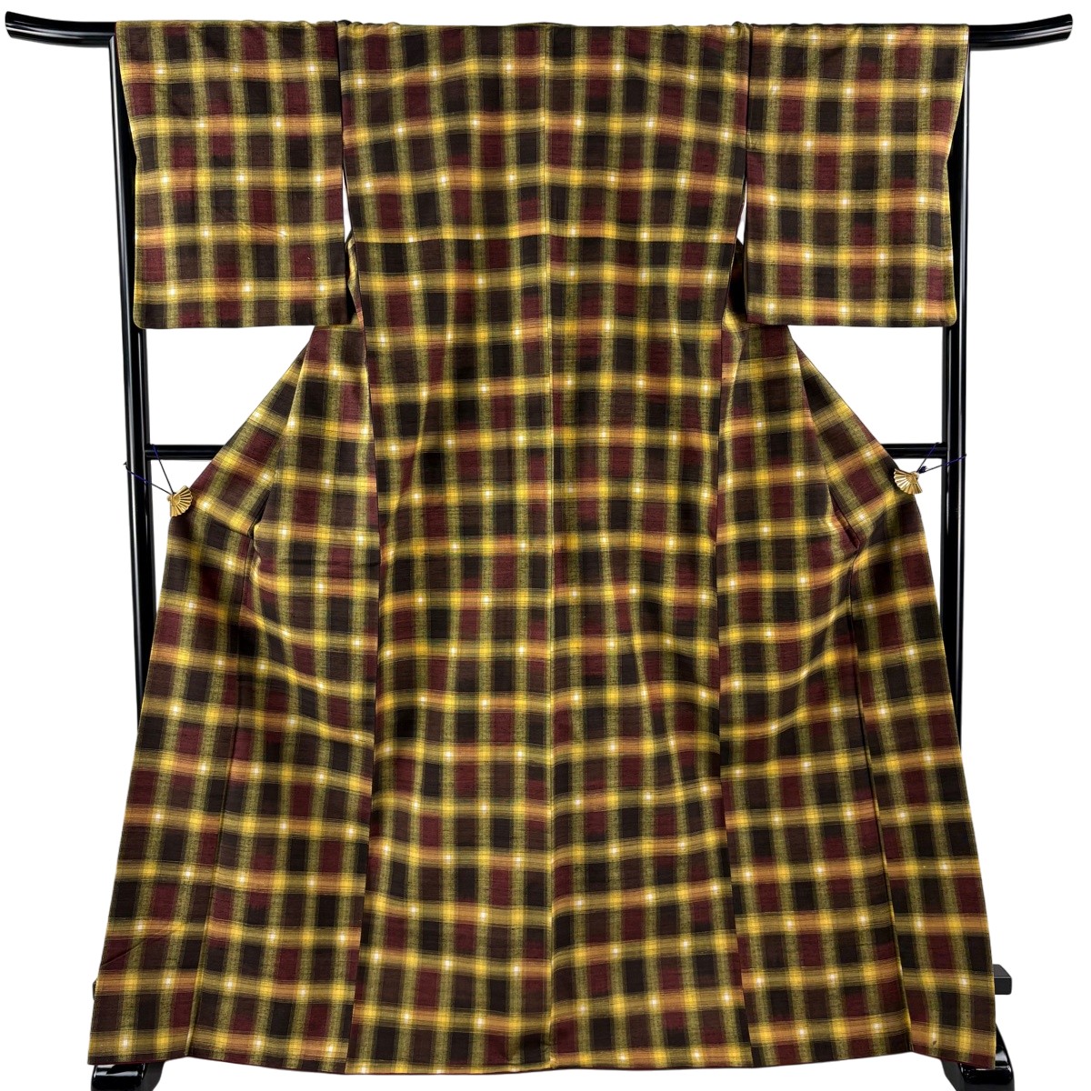 【美品】 紬 身丈171cm 裄丈66.5cm M 袷 格子 焦茶色 正絹 秀品 【中古】