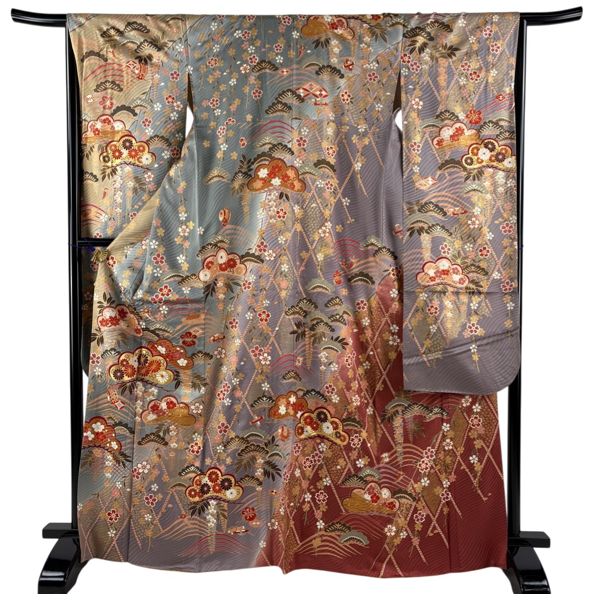 振袖 身丈168.5cm 裄丈65cm M 袷 菊 笠松 金糸 金彩 灰色 正絹 秀品 【中古】