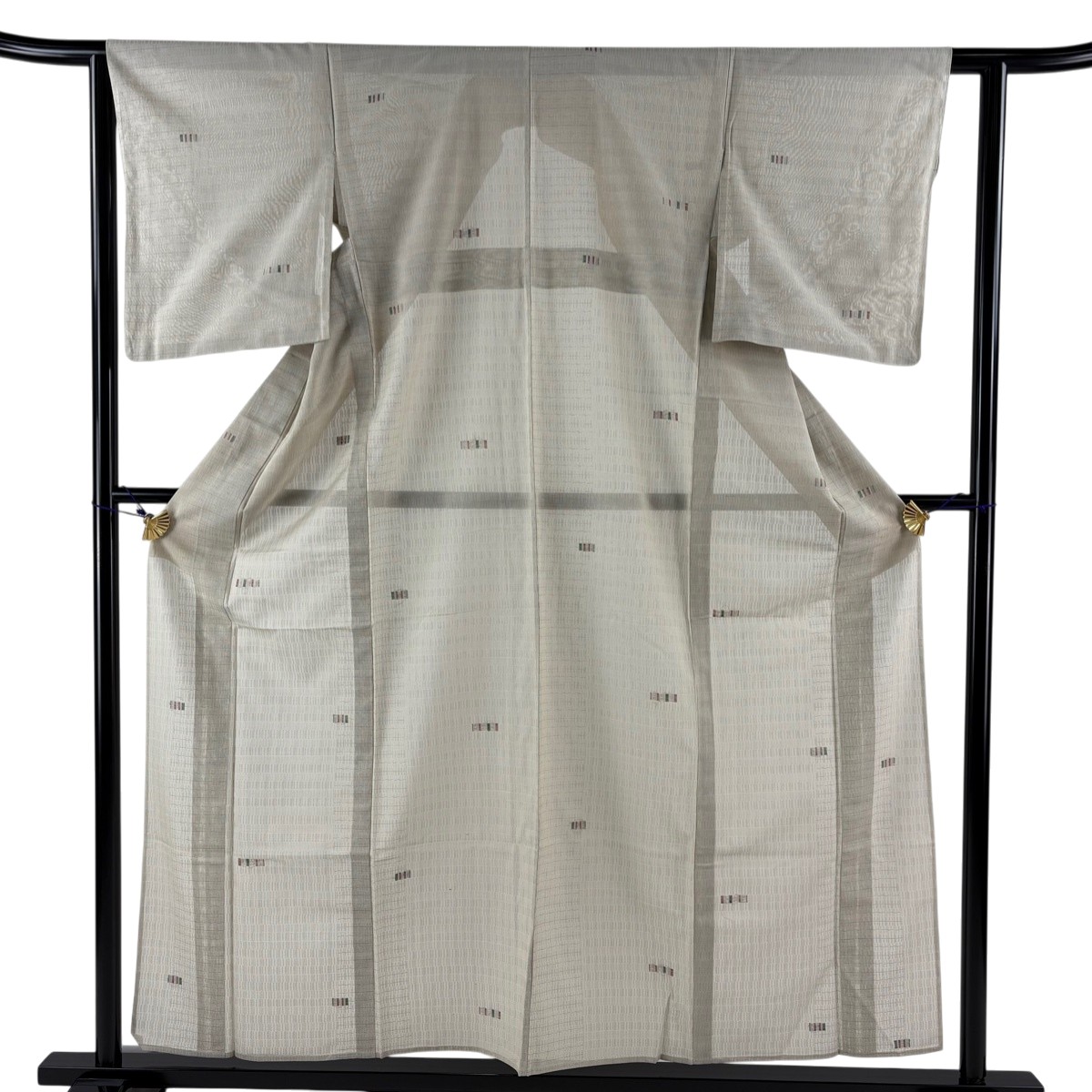 【美品】 お召 身丈157.5cm 裄丈61cm S 薄物 紗 幾何学模様 灰茶 正絹 秀品 【中古】