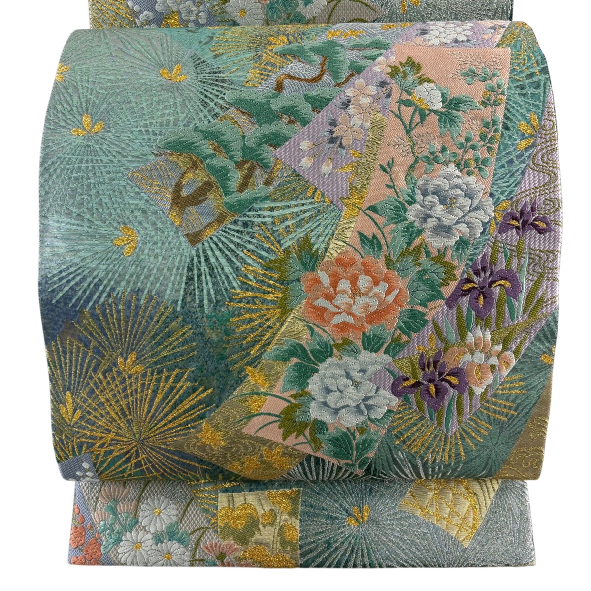 【美品】 袋帯 秀品 草花 若松 唐織 箔 青緑 六通 正絹 【中古】