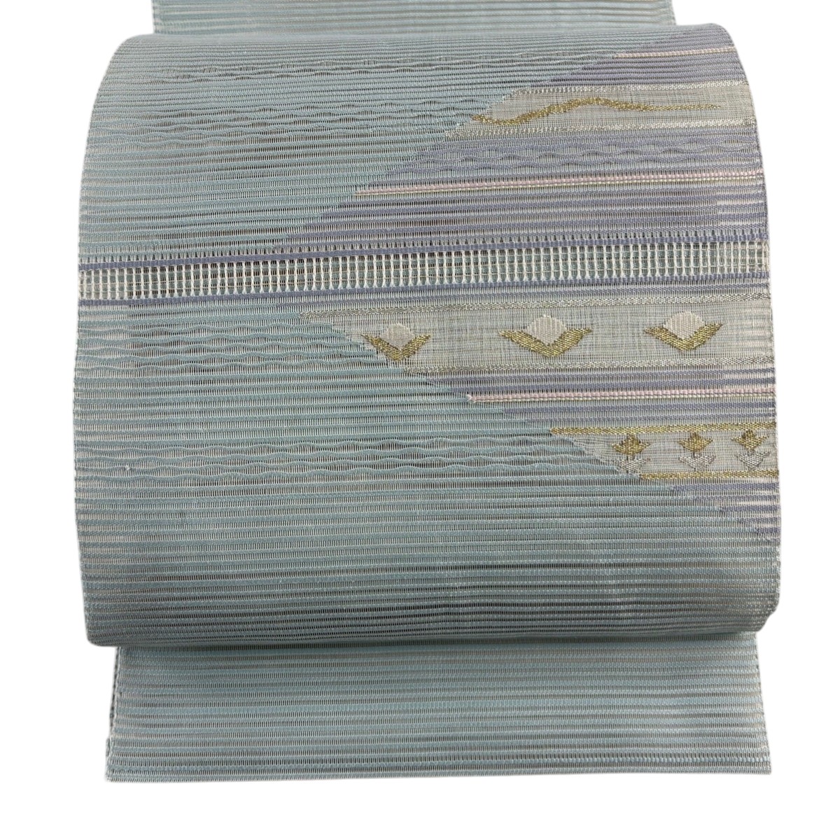 名古屋帯 秀品 夏帯 絽 草花 金銀糸 水色 正絹 【中古】