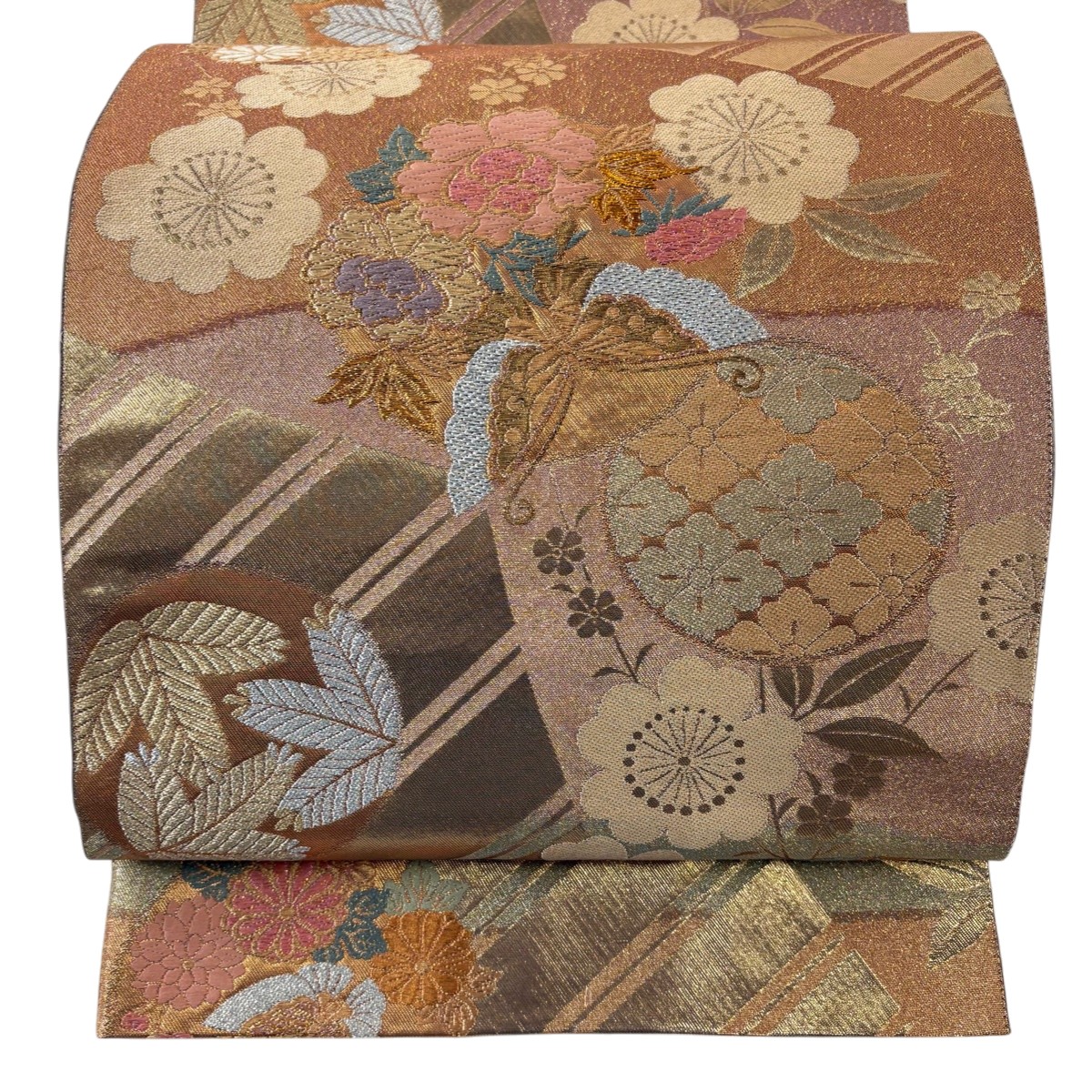 【美品】 袋帯 秀品 蝶 桜 金銀糸 箔 ピンクベージュ 六通 正絹 【中古】