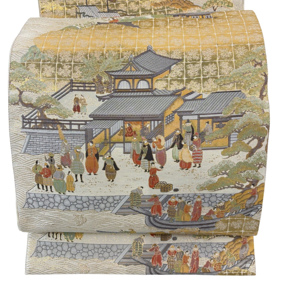 袋帯 秀品 人物 風景 箔 ベージュ 六通 正絹 【中古】