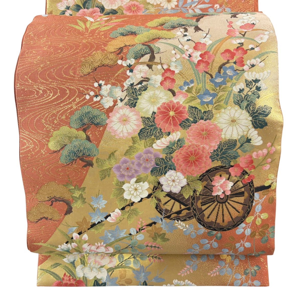 【美品】 袋帯 秀品 落款あり 花車 松 箔 朱色 六通 正絹 【中古】