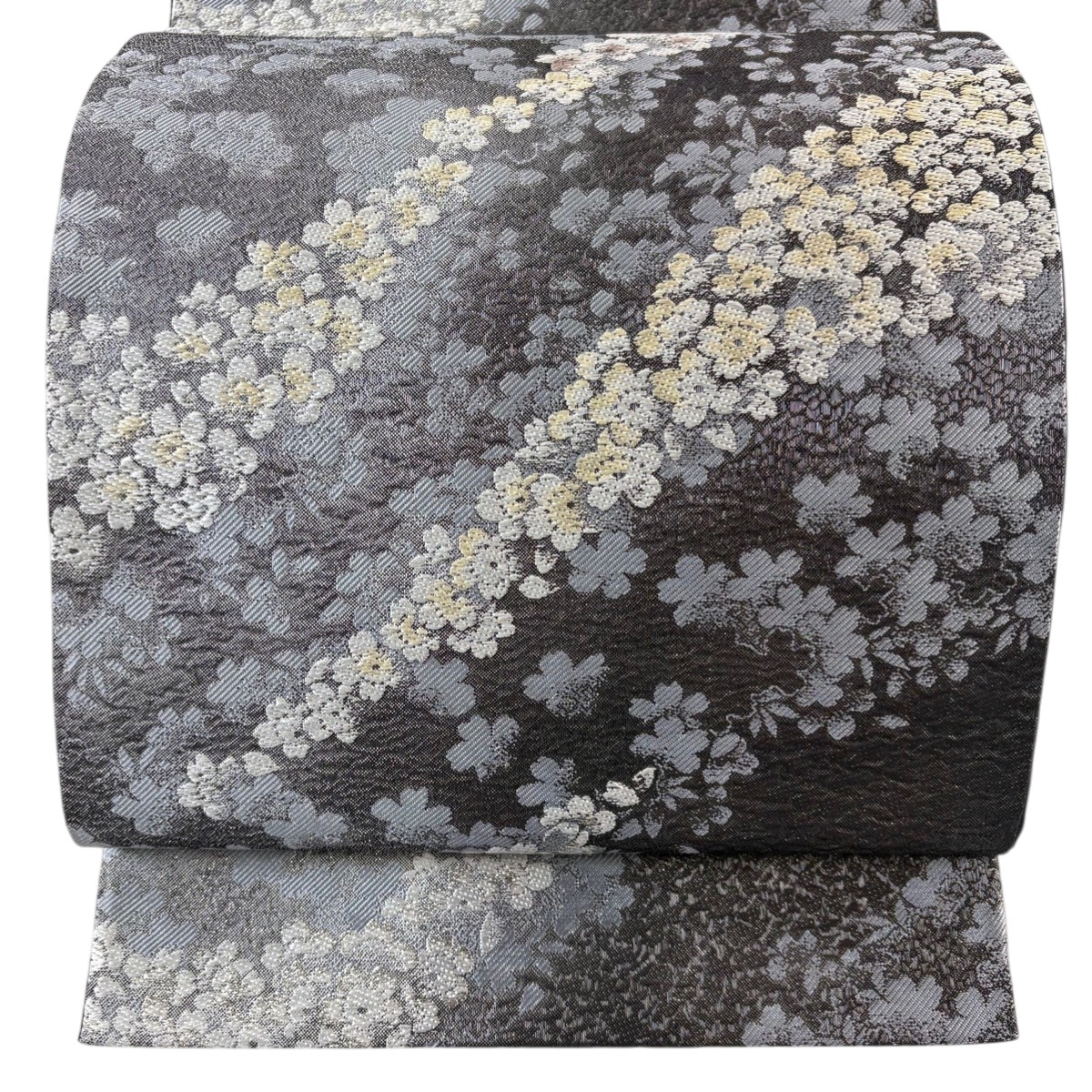 【美品】 袋帯 秀品 桜 銀糸 刺繍 黒灰 六通 正絹 【中古】