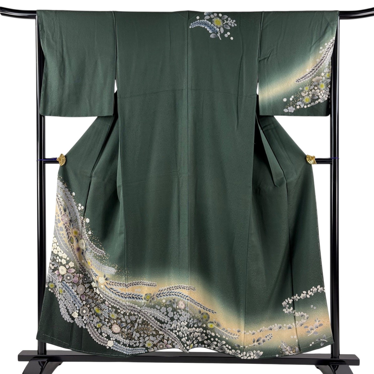 訪問着 身丈154.5cm 裄丈66.5cm M 袷 辻が花柄 金彩 ぼかし 深緑 正絹 名品 【中古】