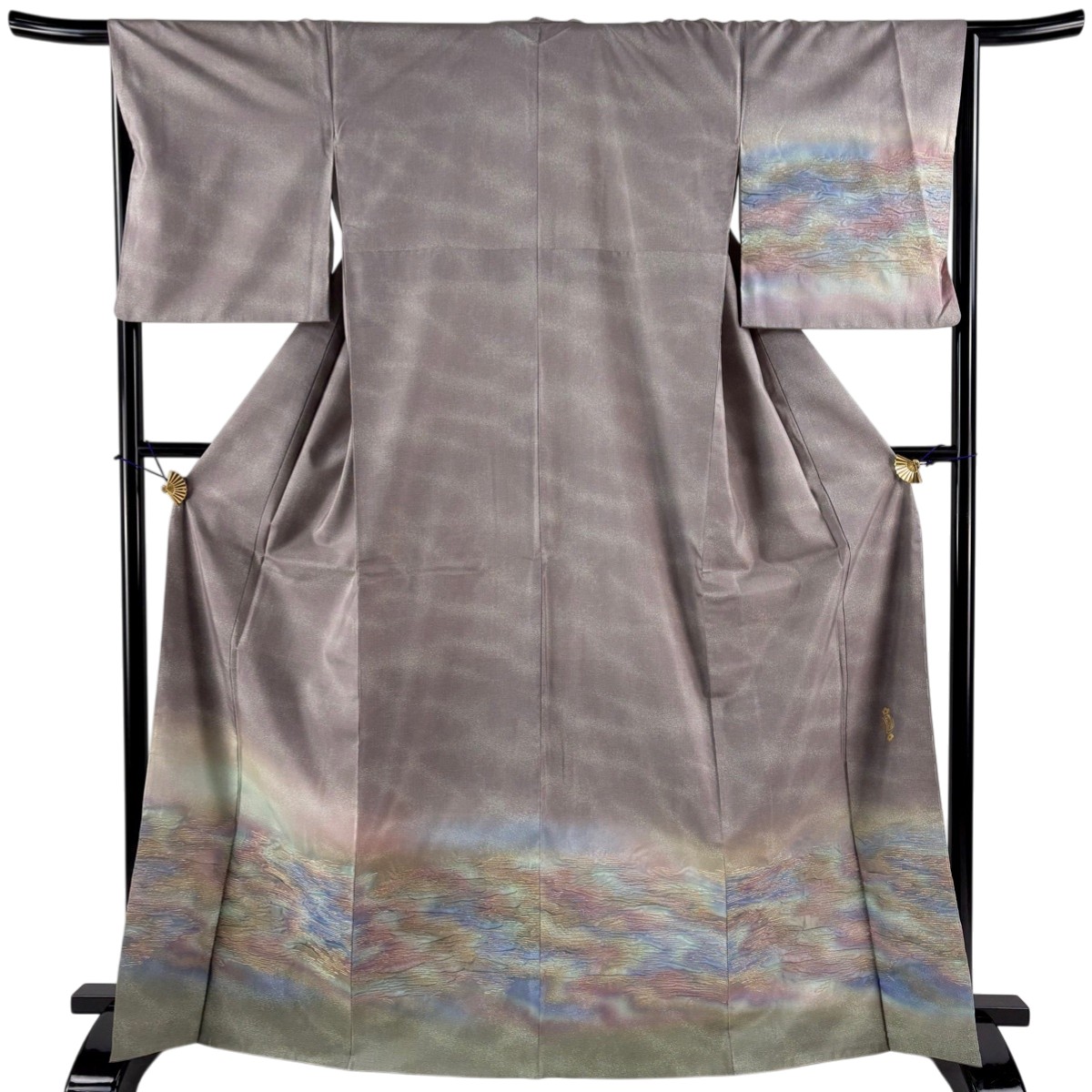 【美品】 付下げ 身丈167.5cm 裄丈66cm M 袷 紬地 落款あり 幾何学 金糸 ぼかし 灰紫 正絹 名品 【中古】