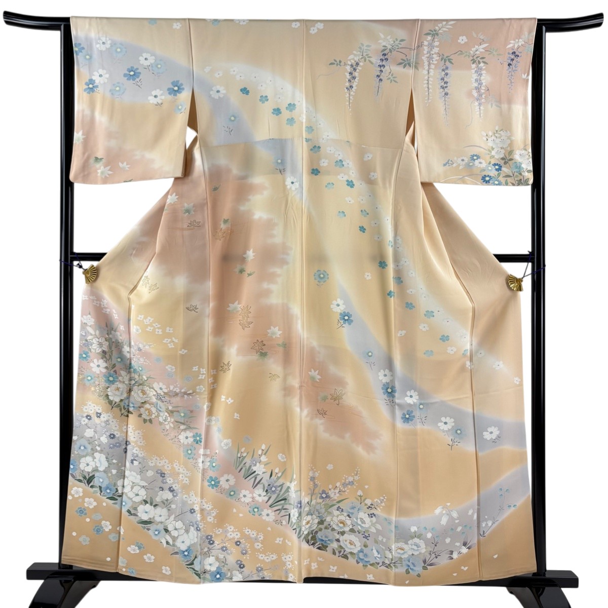 訪問着 身丈158.5cm 裄丈63cm S 袷 草花 霞 金銀彩 金糸 薄茶色 正絹 名品 【中古】