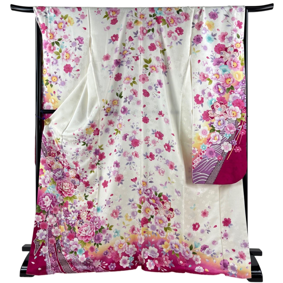 【美品】 振袖 身丈173.5cm 裄丈68cm L 袷 牡丹 桜 金糸 ぼかし 白 正絹 名品 【中古】