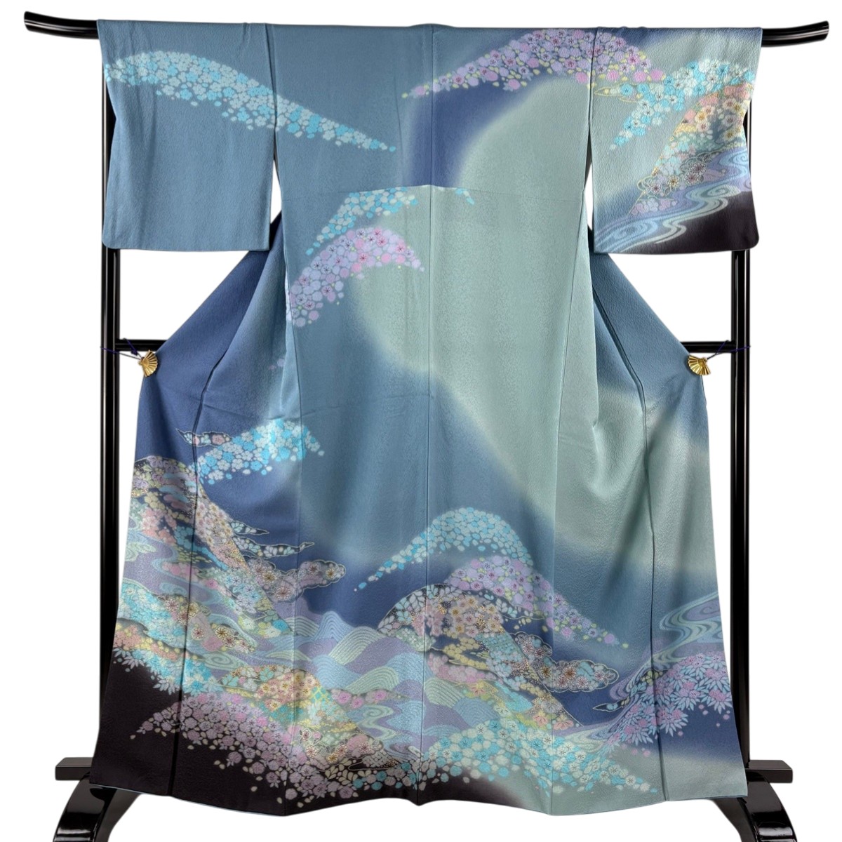 【美品】 訪問着 身丈165cm 裄丈68cm L 袷 辻が花柄 霞 金彩 金通し 青灰色 正絹 名品 【中古】