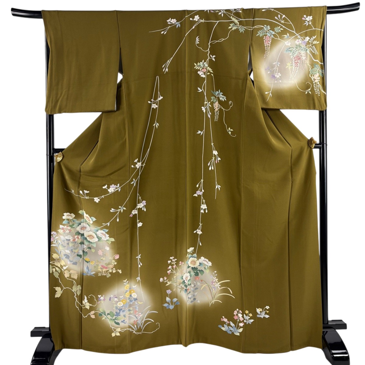 【美品】 訪問着 身丈168cm 裄丈67.5cm L 袷 桜 草花 ぼかし 鶯色 正絹 名品 【中古】