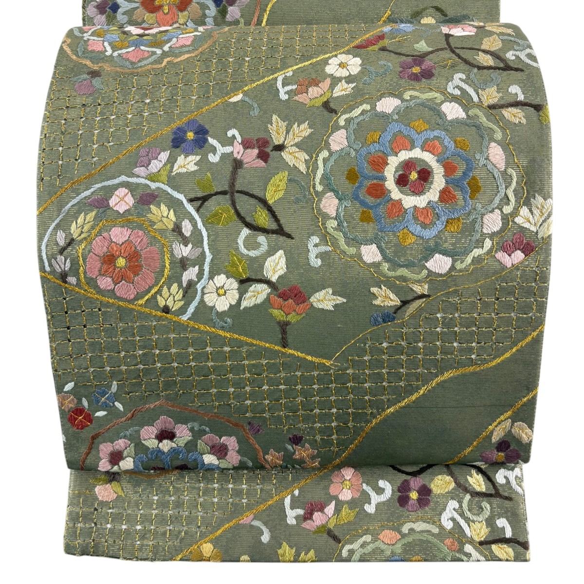 【美品】 袋帯 逸品 華文 草花 刺繍 金糸 よもぎ色 六通 正絹 【中古】