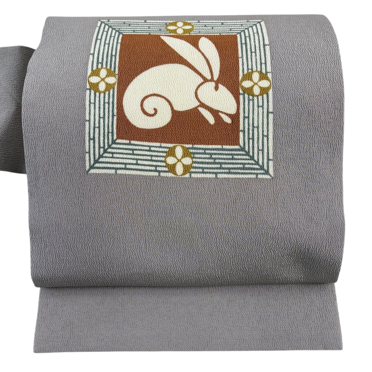 【美品】 名古屋帯 名品 うさぎ 花 縮緬 灰茶 正絹 【中古】
