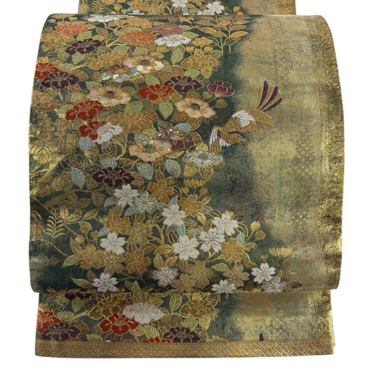 袋帯 名品 草花 鳥 螺鈿 金糸 金色 お太鼓柄 正絹 【中古】