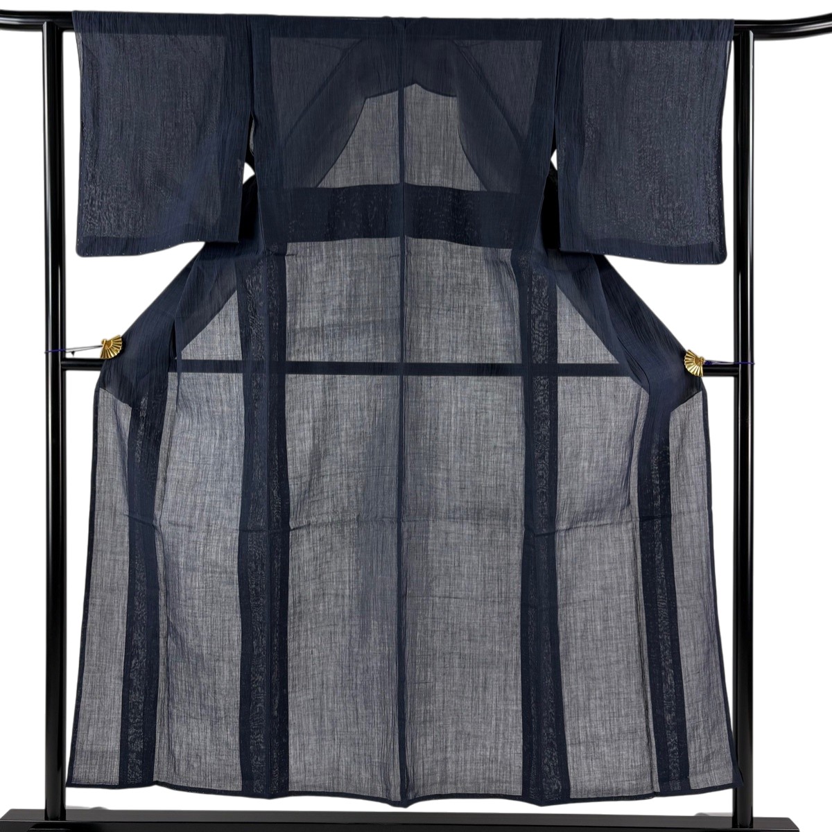 【美品】 紬 身丈153cm 裄丈62cm S 薄物 小千谷縮 夏紬 証紙あり 紺色 麻 逸品 【中古】