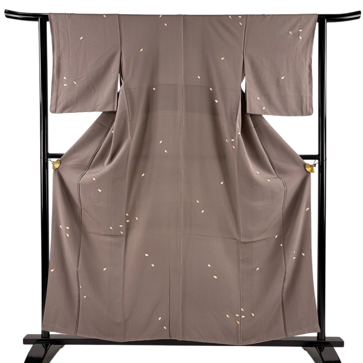 【美品】 小紋 身丈157cm 裄丈62cm S 袷 花びら 縦縞 芹菜 灰紫 正絹 秀品 【中古】