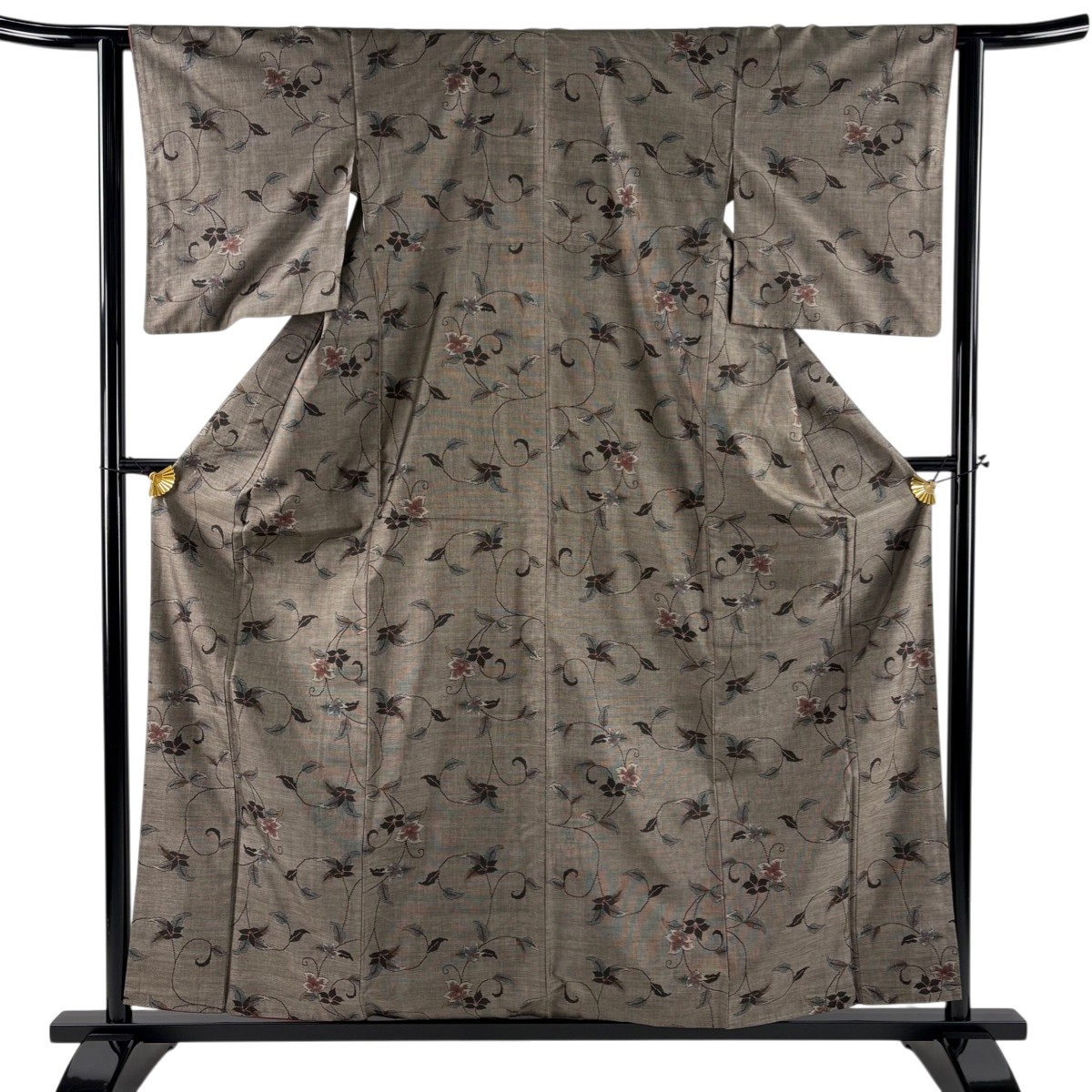 【美品】 紬 身丈159.5cm 裄丈62.5cm S 袷 花唐草 焦茶色 正絹 秀品 【中古】