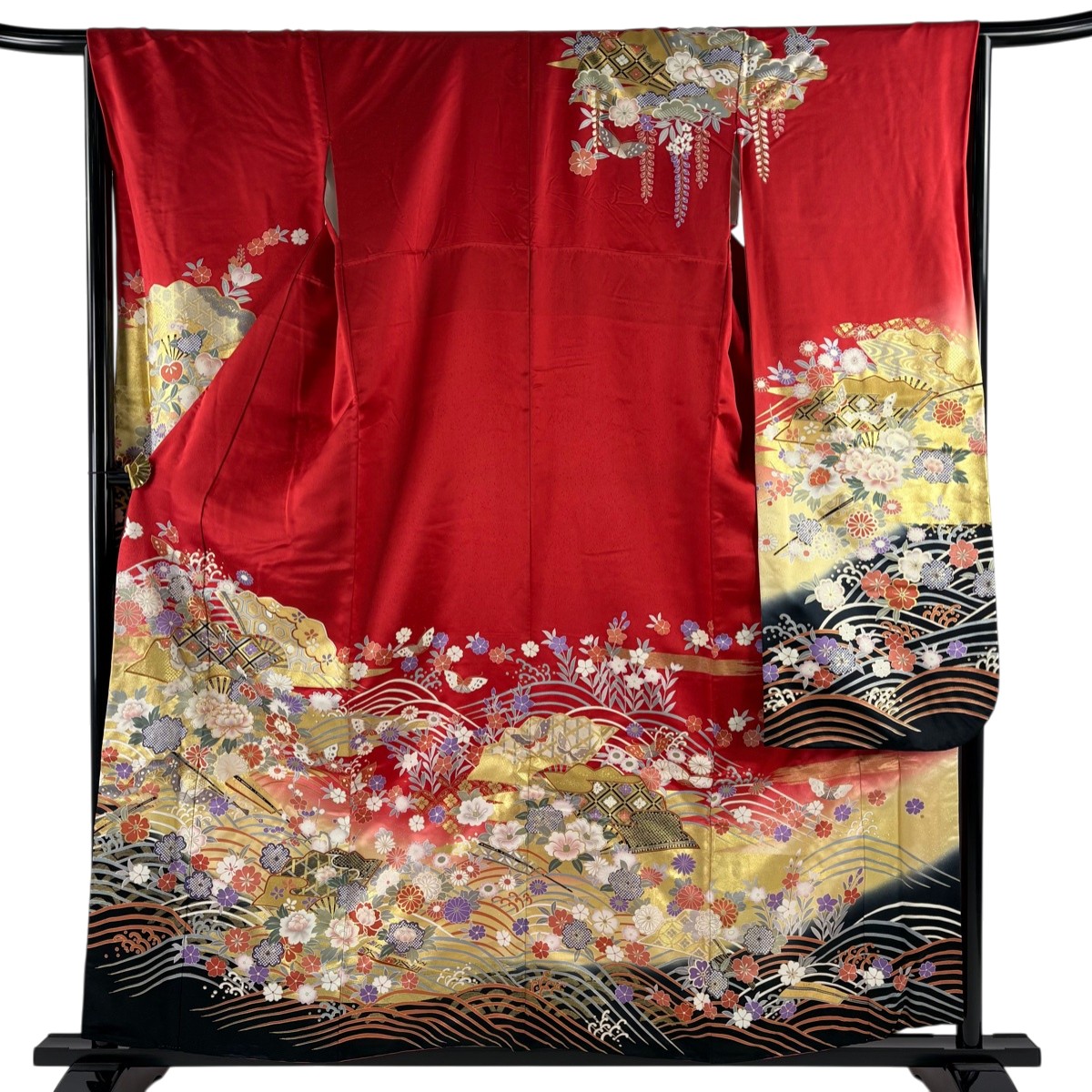 振袖 身丈157cm 裄丈66cm M 袷 鈴乃屋 扇 草花 金糸 金彩 赤 正絹 秀品 【中古】