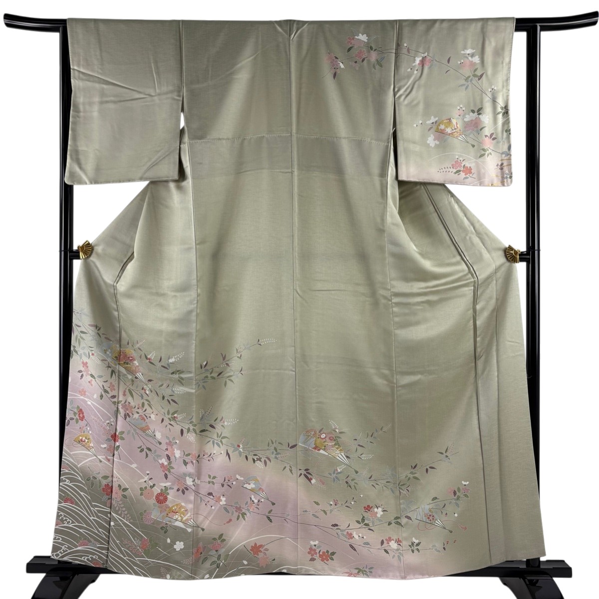 【美品】 訪問着 身丈160.5cm 裄丈62.5cm S 袷 扇 桜 金彩 ぼかし 灰緑 正絹 秀品 【中古】