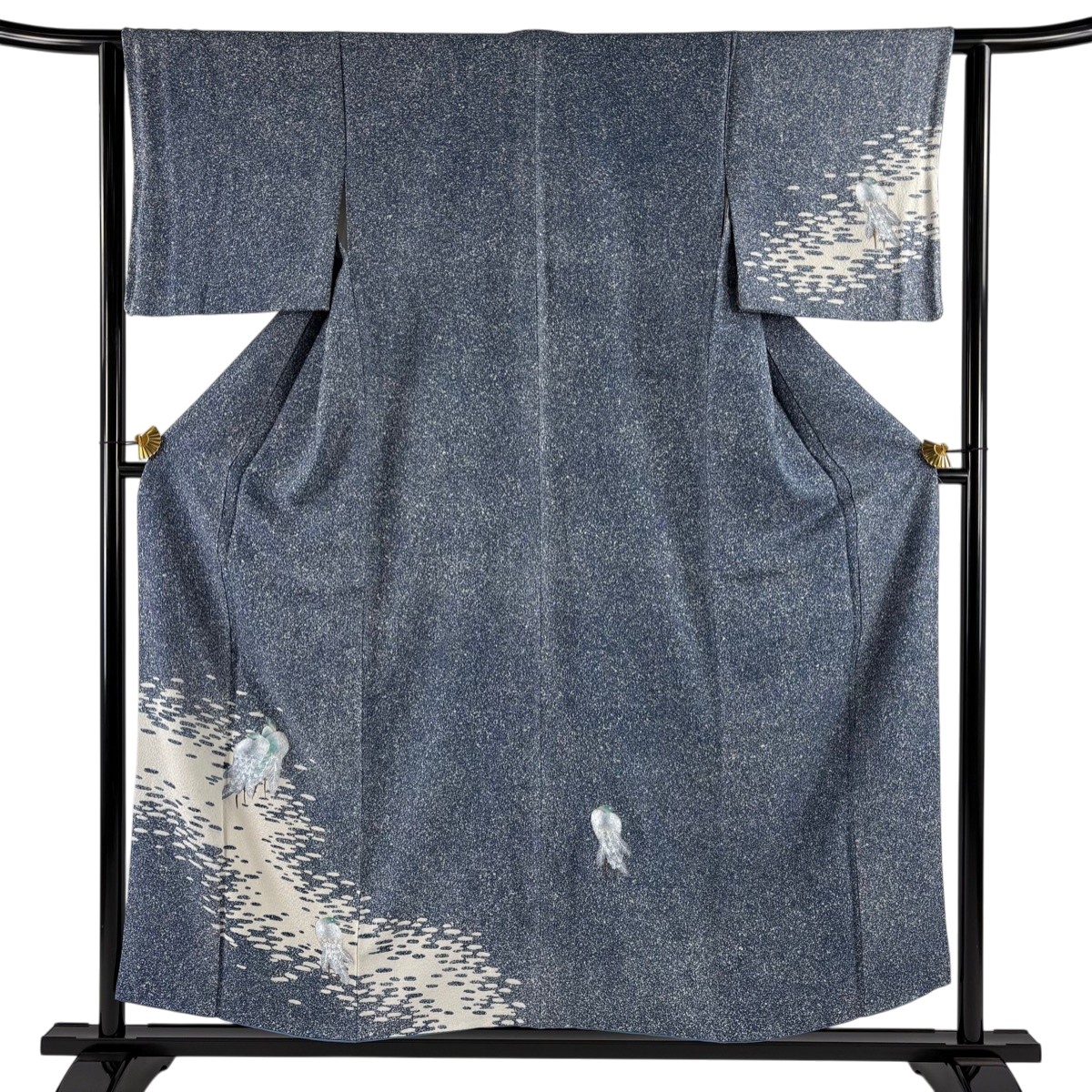 付下げ 身丈156cm 裄丈62cm S 袷 鳥 霞 金彩 青灰色 正絹 秀品 【中古】