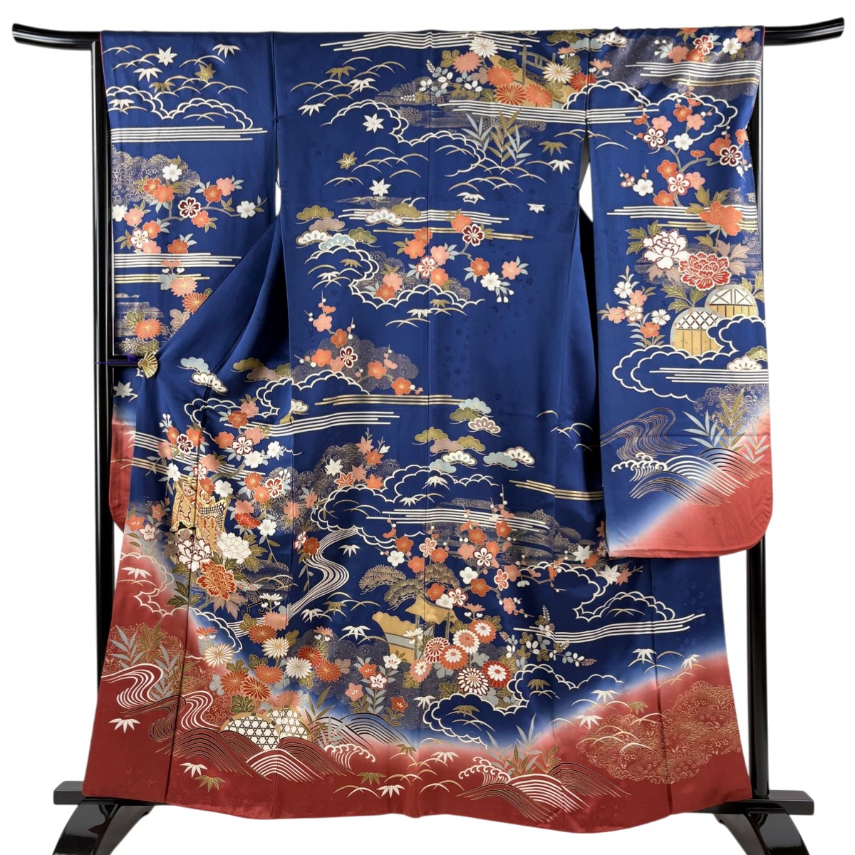 振袖 身丈160cm 裄丈66.5cm M 袷 御所車 牡丹 金糸 金彩 紺色 正絹 秀品 【中古】